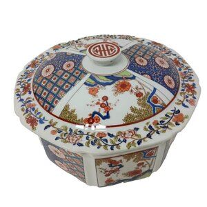 Vintage Chinese Imari Style Porcelain Floral Hexagonal Covered Serving Bowl